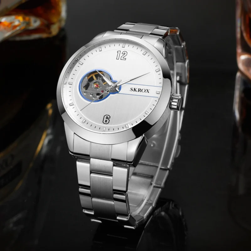 Skeleton Automatic Mechanical Watch with Exhibition Dial and Stainless Steel Bracelet - Image 3