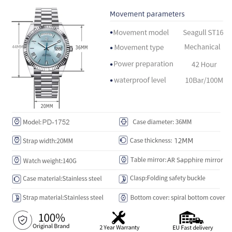Classic Automatic Luxury Watch with Sapphire Crystal and Stainless Steel Bracelet - Image 6