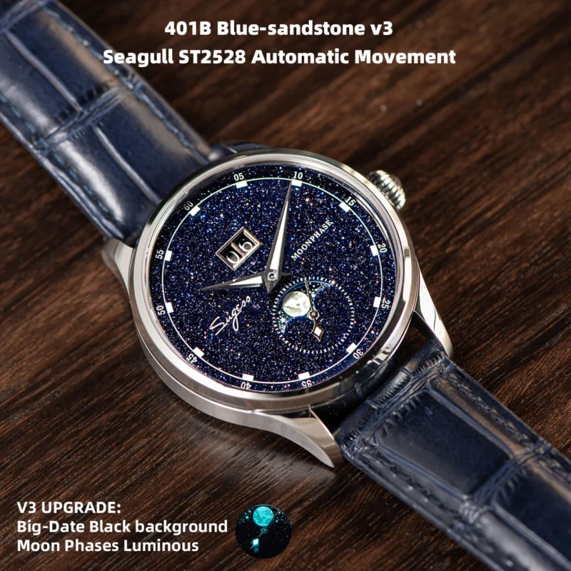 Luxury Moonphase Automatic Watch with Blue Sandstone Dial and Leather Strap - Image 2