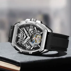 Luxury Skeleton Tourbillon Manual Wind Watch with Sapphire Crystal and Rubber Strap