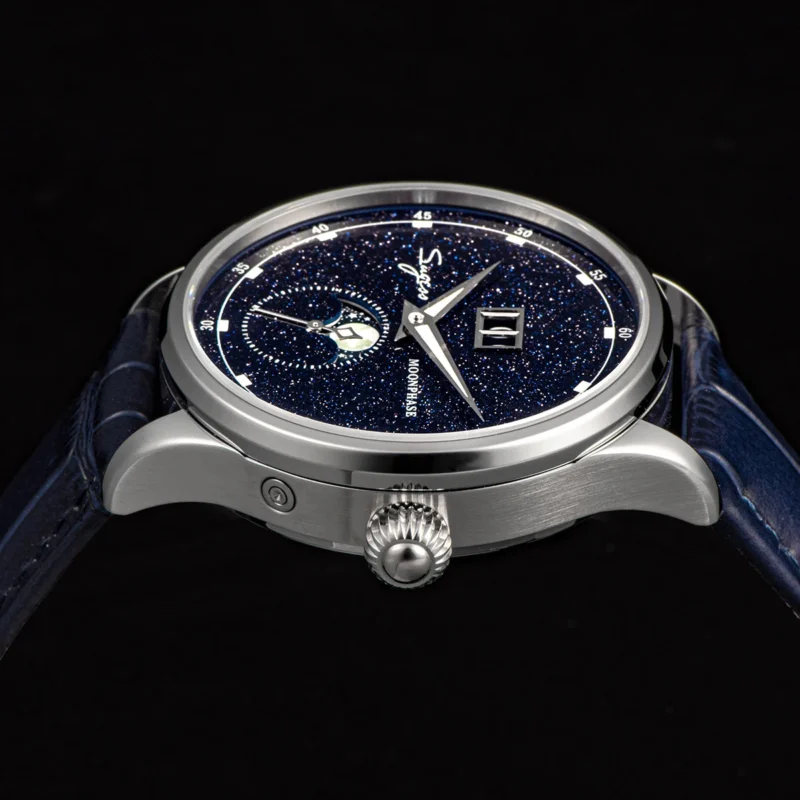 Luxury Moonphase Automatic Watch with Blue Sandstone Dial and Leather Strap - Image 4
