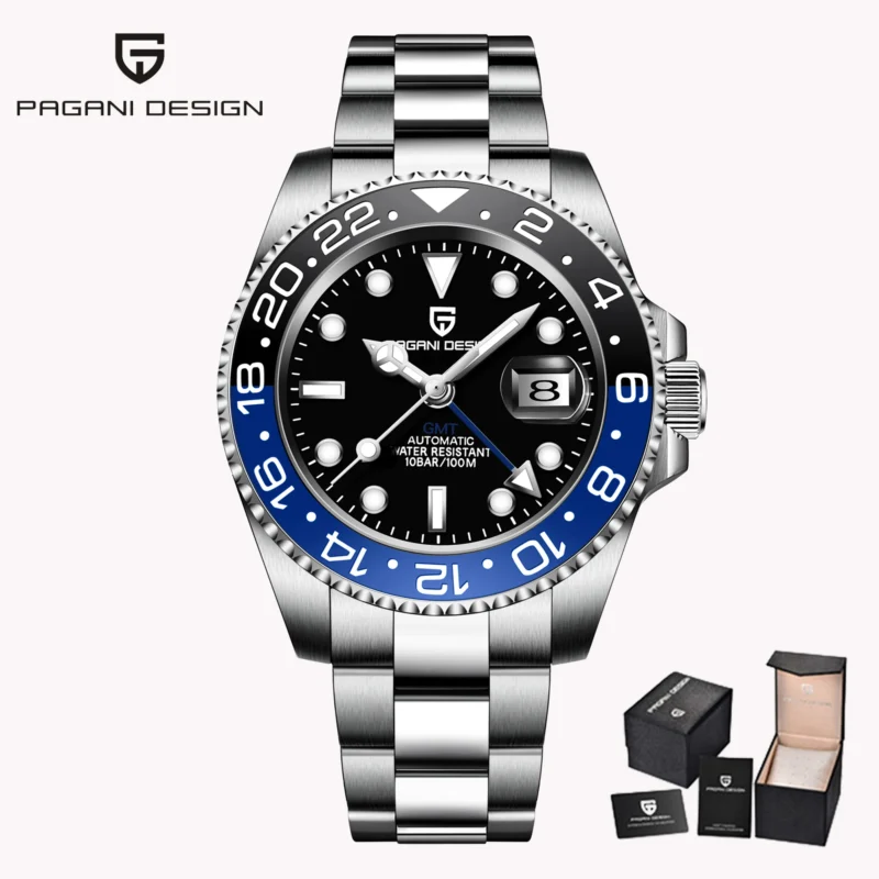 GMT Automatic Watch with Left Crown Sapphire Crystal and Stainless Steel Bracelet - Image 9
