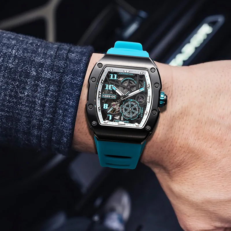 Modern skeleton watch with geometric architectural design and contemporary styling