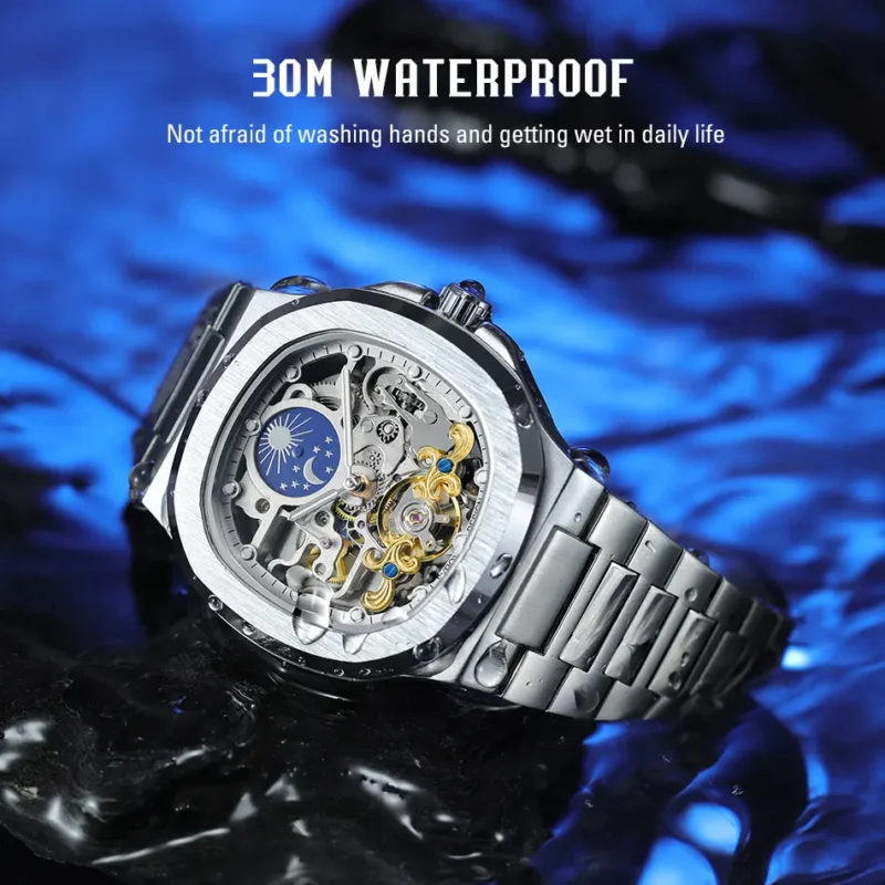 Square Skeleton Automatic Moon Phase Watch with Sapphire Crystal and Stainless Steel Bracelet - Image 5