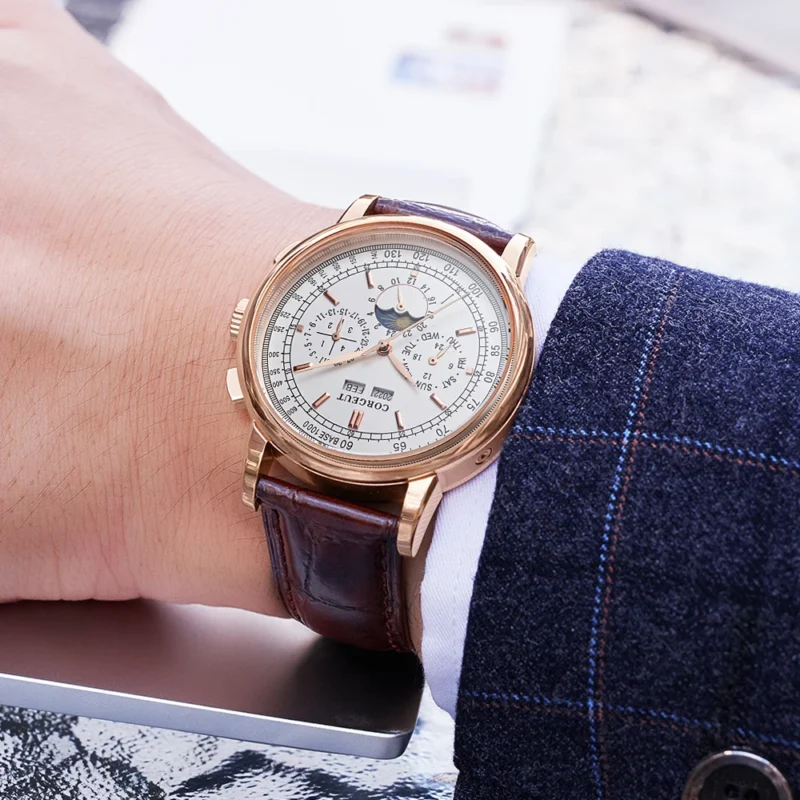 Luxury Moonphase Automatic Watch with Multi-Calendar Display and Genuine Leather Strap - Image 3