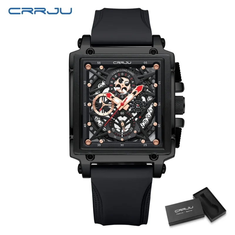 Square Chronograph Quartz Watch with Hollow Design and Silicone Strap - Image 8