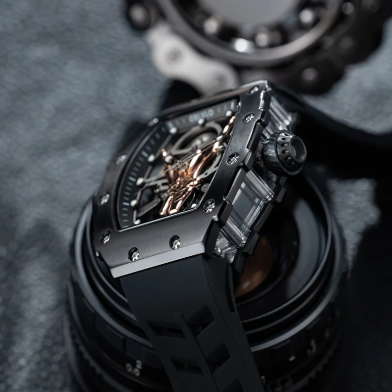 Skeleton Tonneau Automatic Watch with Black PVD Case and Rubber Strap - Image 4