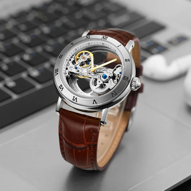 Luxury Skeleton Automatic Watch with Roman Numerals and Genuine Leather Strap - Image 5
