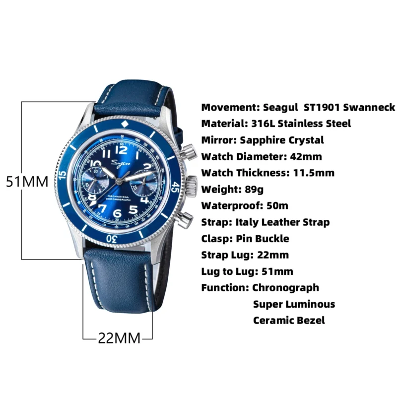 Pilot Chronograph Hand-Wind Mechanical Watch with Skeleton Display and Leather Strap - Image 6