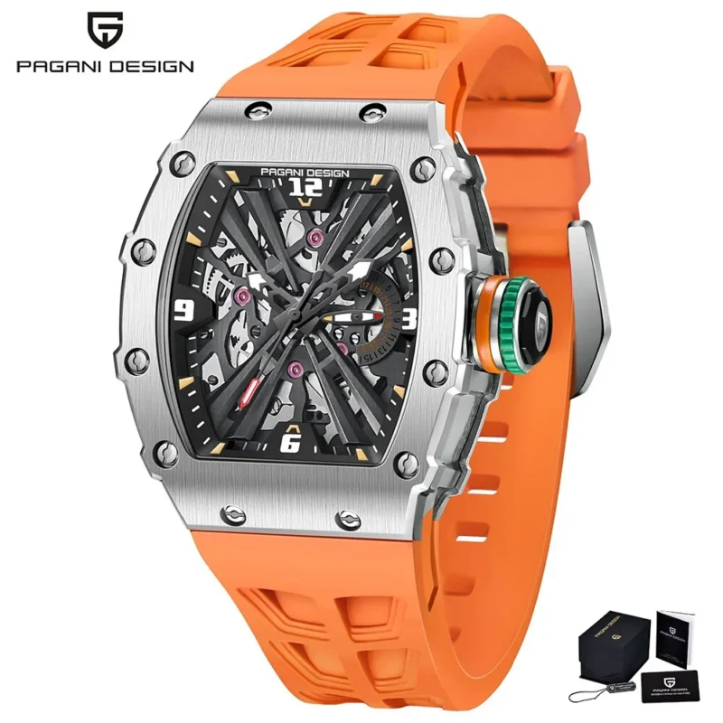 Skeleton Dial Rectangle Quartz Watch with Sapphire Crystal and Rubber Strap - Image 8