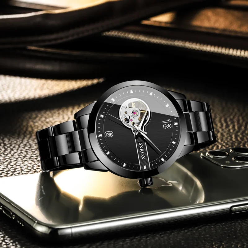 Skeleton Automatic Mechanical Watch with Exhibition Dial and Stainless Steel Bracelet - Image 5